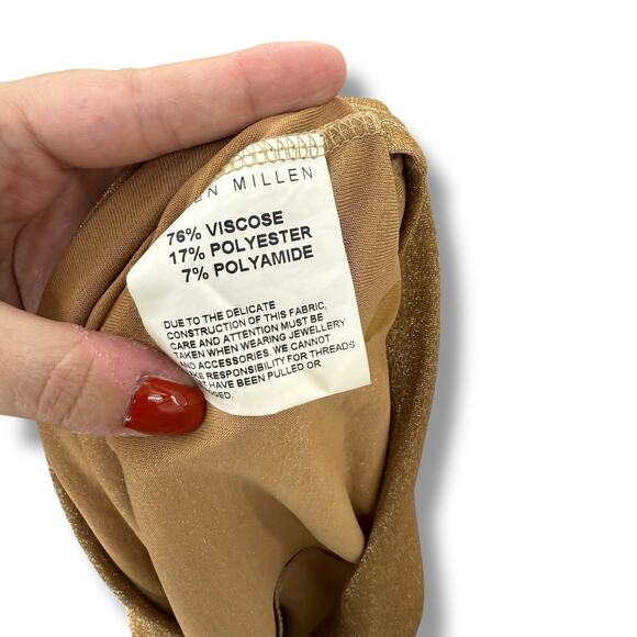 Karen Millen Gold Shimmer Mini Dress Size Small Draped Scoop Neck Stretchy Party - Picture 6 of 10